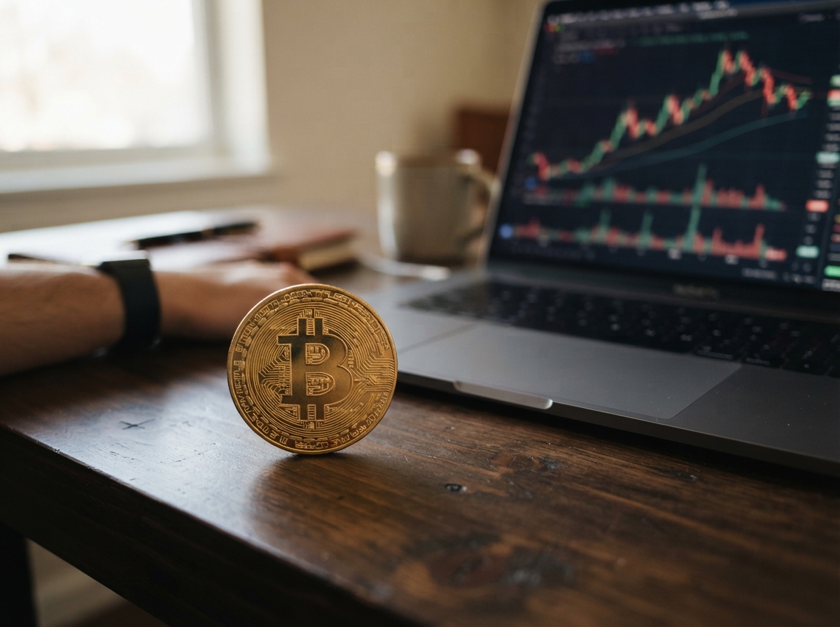 Pièce dorée symbolisant le bitcoin posée près d'un ordinateur portable