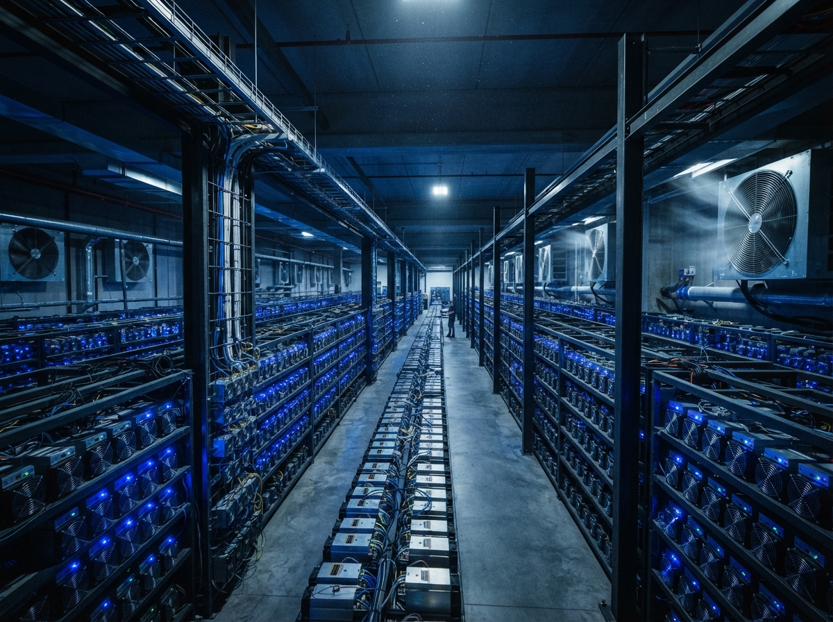 Salle de serveurs avec des machines de minage de bitcoin alignées