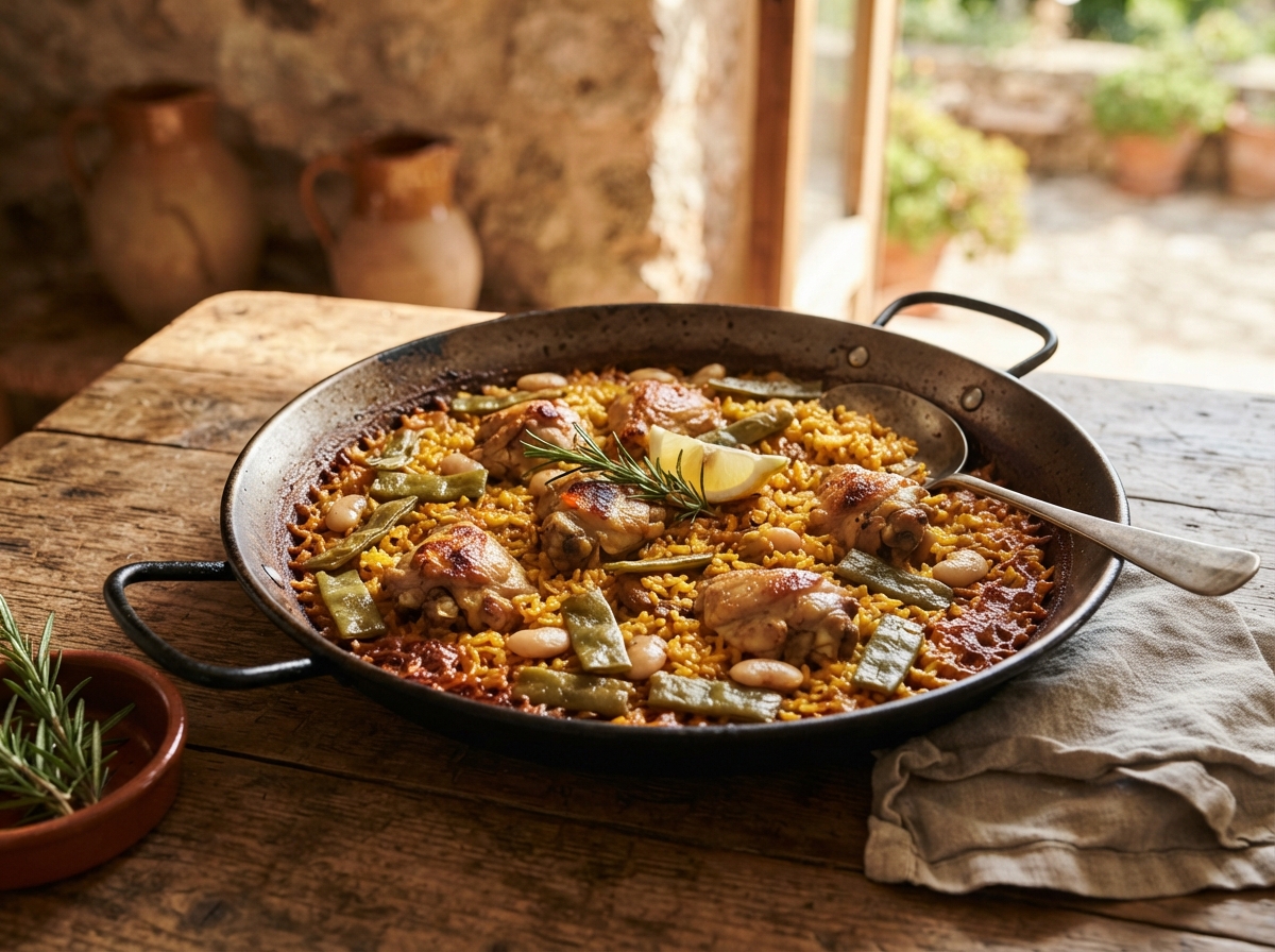 Paella valencienne traditionnelle dans sa poêle avec riz doré, poulet, haricots verts et socarrat visible.