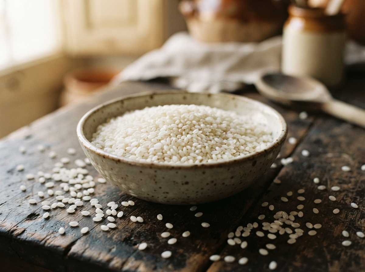 Grains de riz bomba crus dans un bol, montrant leur forme courte et perlée caractéristique.