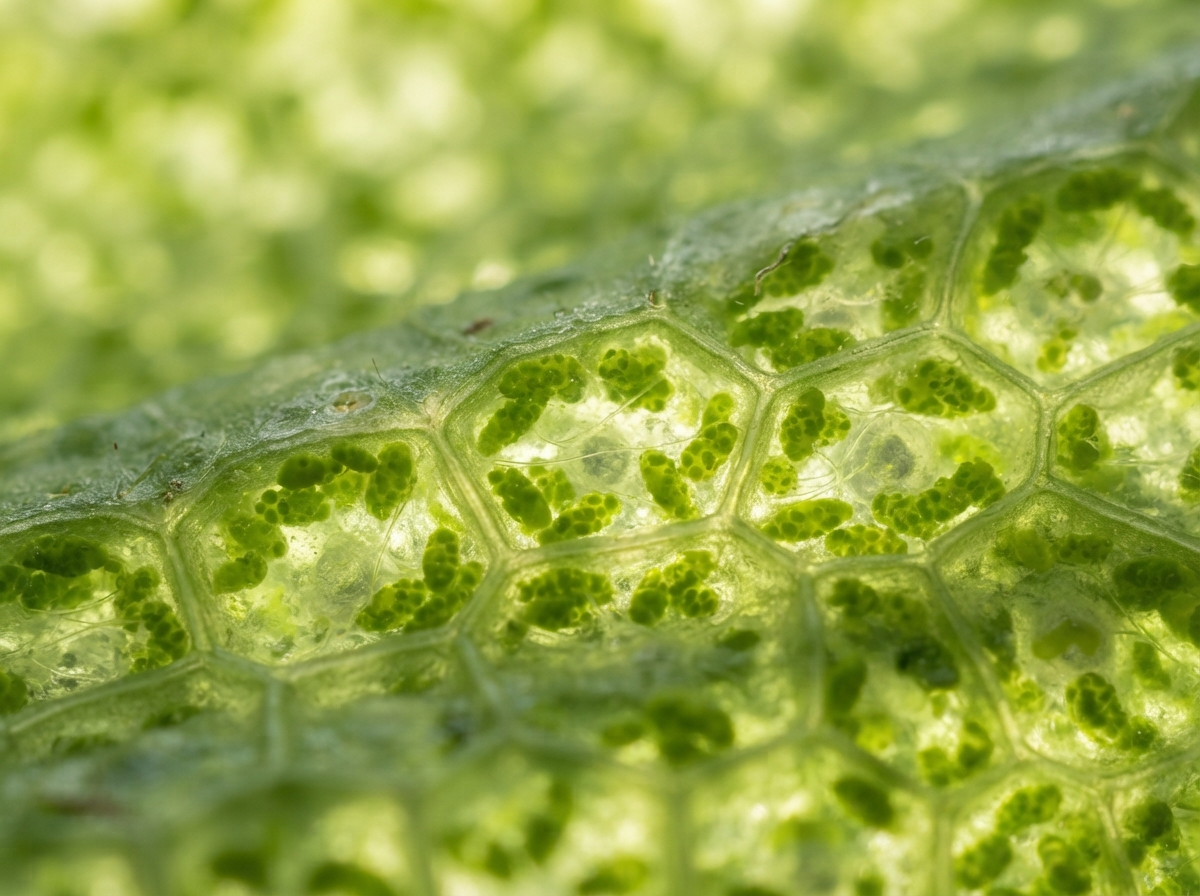 Gros plan macro d'une feuille verte montrant les chloroplastes à travers les cellules translucides