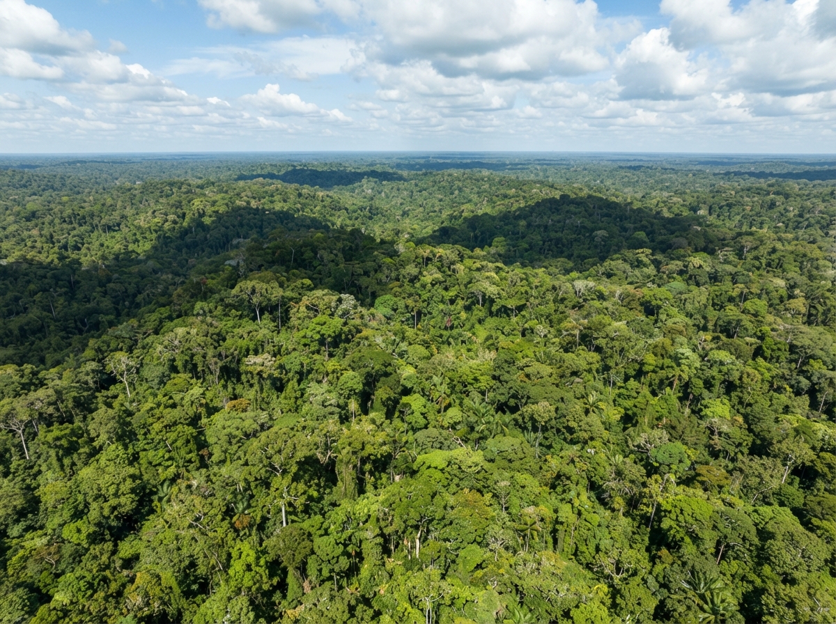 Vue aérienne de la canopée dense d'une forêt tropicale sous le soleil