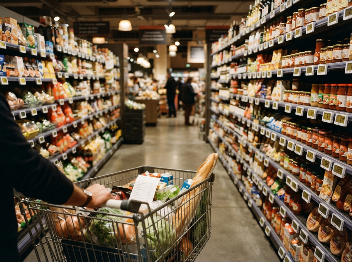 Rayon de supermarché avec étiquettes de prix et caddie, illustrant la hausse des prix
