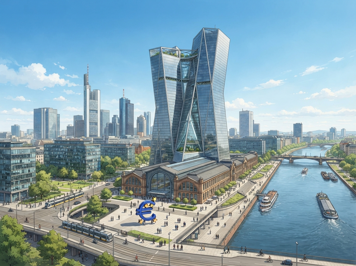 Bâtiment de la Banque centrale européenne à Francfort avec symbole euro
