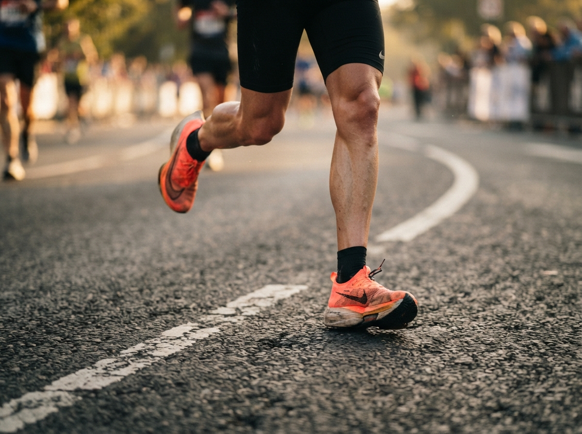 Photo rapprochée des jambes d'un coureur de marathon en pleine foulée sur route goudronnée.