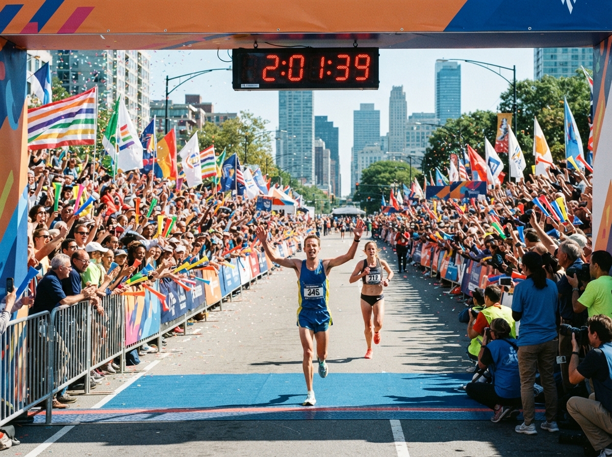Photo de ligne d'arrivée de marathon avec chronomètre, public et ambiance de grande compétition.
