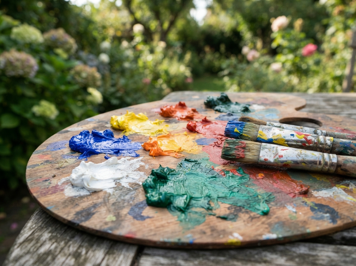 Palette de peintre couverte de touches de couleurs pures vives, avec pinceaux, dans un cadre de plein air.