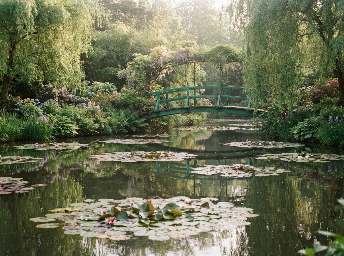 Bassin aux nymphéas avec pont japonais et végétation luxuriante reflétée dans l'eau calme, lumière matinale douce.
