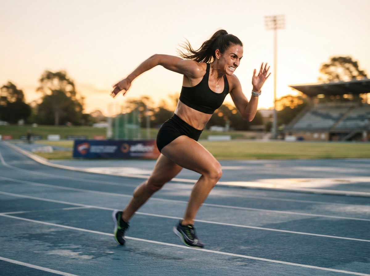 Personne effectuant un sprint lors d'une séance de HIIT sur une piste d'athlétisme au lever du soleil