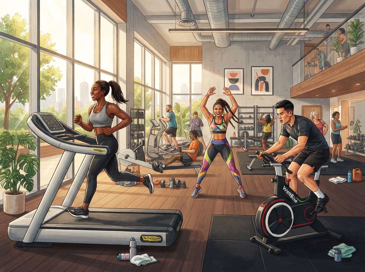 Groupe de personnes pratiquant différents exercices cardiovasculaires dans une salle de sport moderne et lumineuse