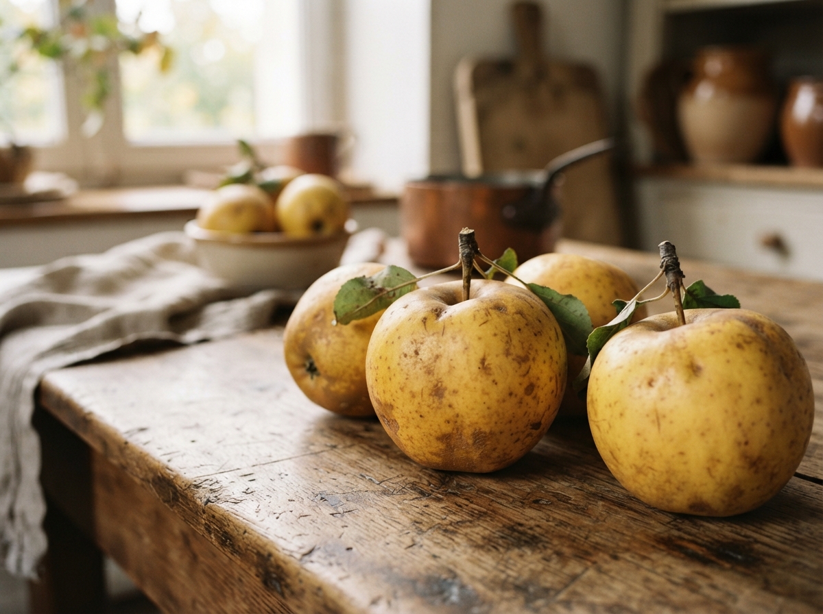 Gros plan de pommes Reinette fraîches sur une table en bois, montrant leur peau dorée caractéristique