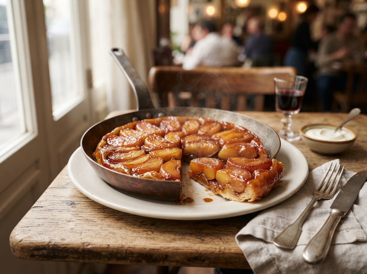 Tarte Tatin dorée sur assiette blanche avec une part découpée montrant les couches de pommes caramélisées
