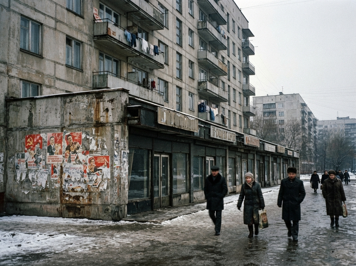 Photographie d'un immeuble soviétique délabré avec affiches de propagande usées et vitrines fermées.