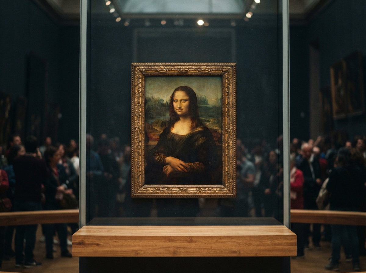 Photo de la Joconde dans son cadre doré au musée du Louvre, protégée par une vitre avec des visiteurs en arrière-plan.