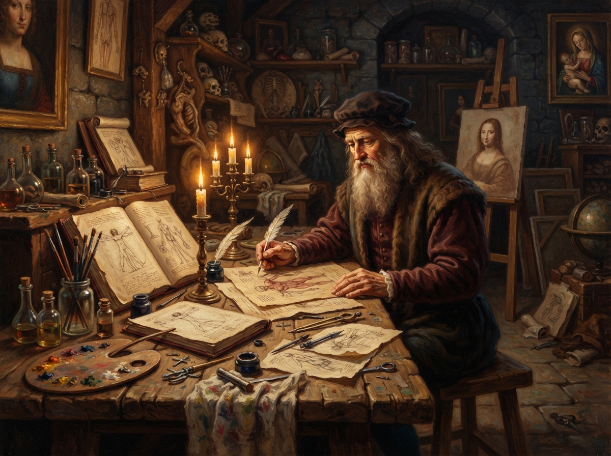 Illustration de Léonard de Vinci travaillant dans son atelier Renaissance entouré de dessins anatomiques et de matériel de peinture.