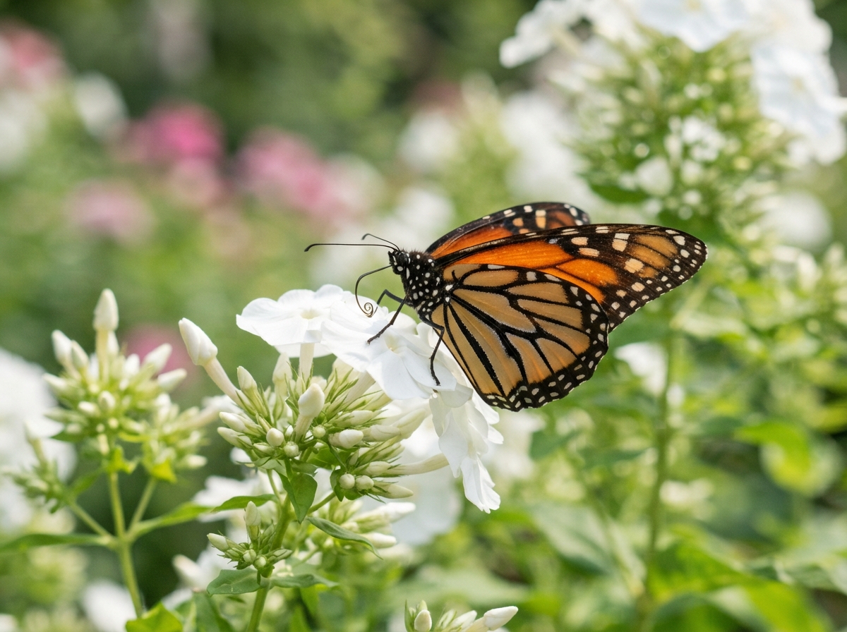 Papillon monarque posé sur une fleur blanche en gros plan