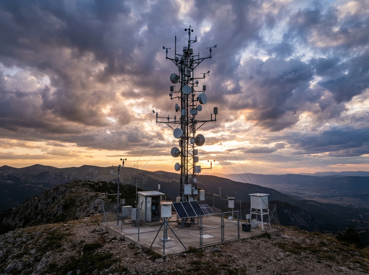 Station météorologique avec instruments de mesure sous un ciel nuageux