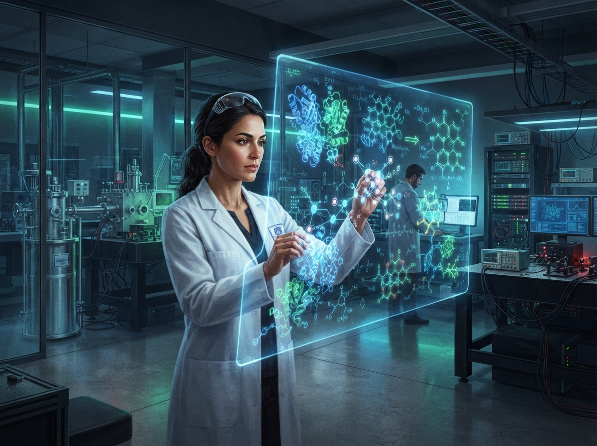 Illustration d'un chercheur analysant des structures moléculaires sur un écran holographique dans un laboratoire quantique