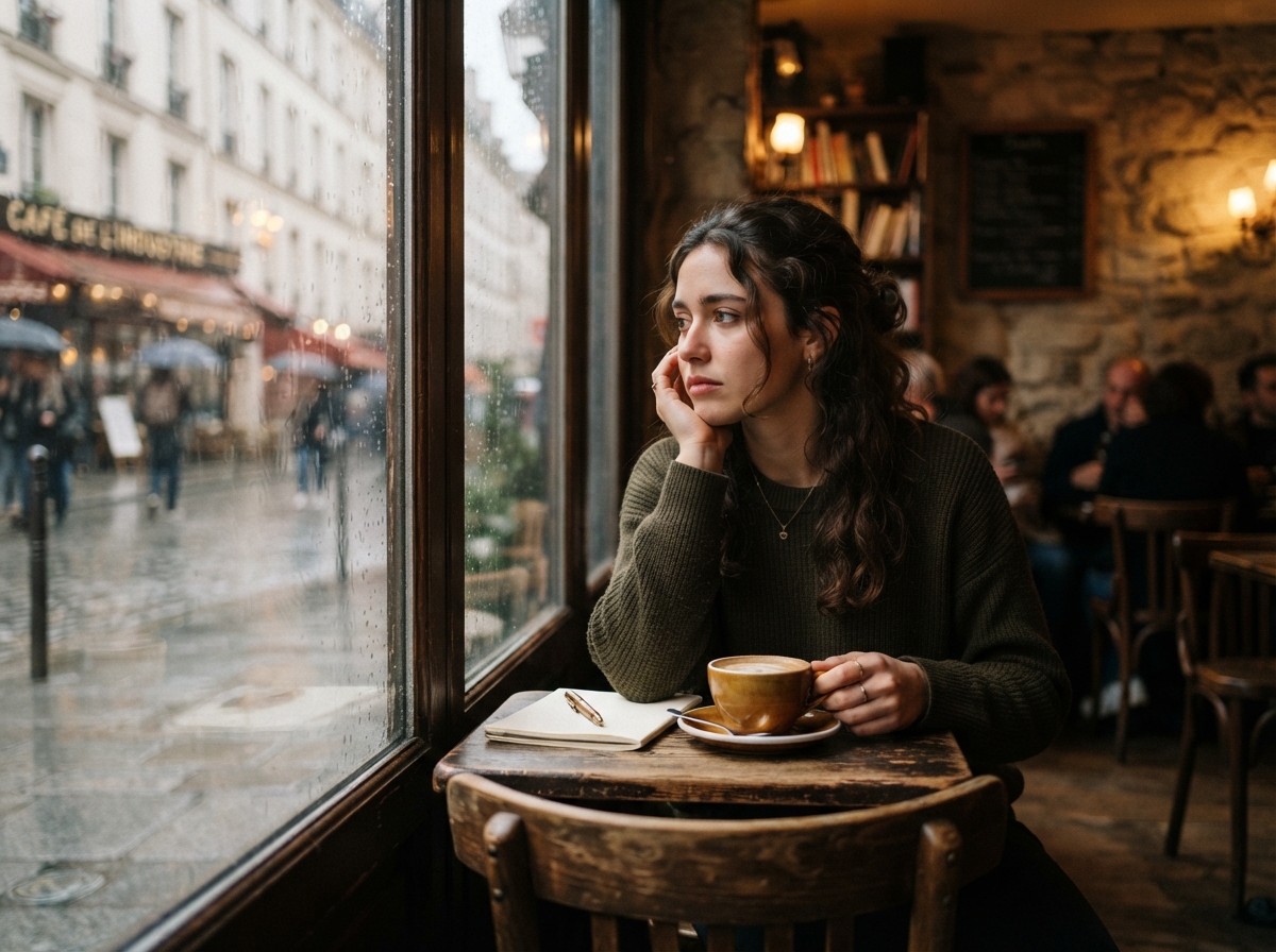Personne seule regardant par la fenêtre d'un café parisien un jour de pluie