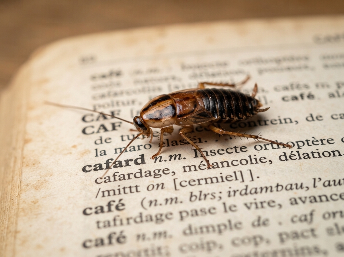 Blatte photographiée sur une page de dictionnaire ancien montrant le mot cafard