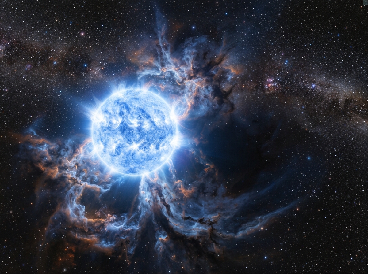 Photo réaliste d'une étoile supergéante bleue brillante entourée de nuages de gaz dans l'espace