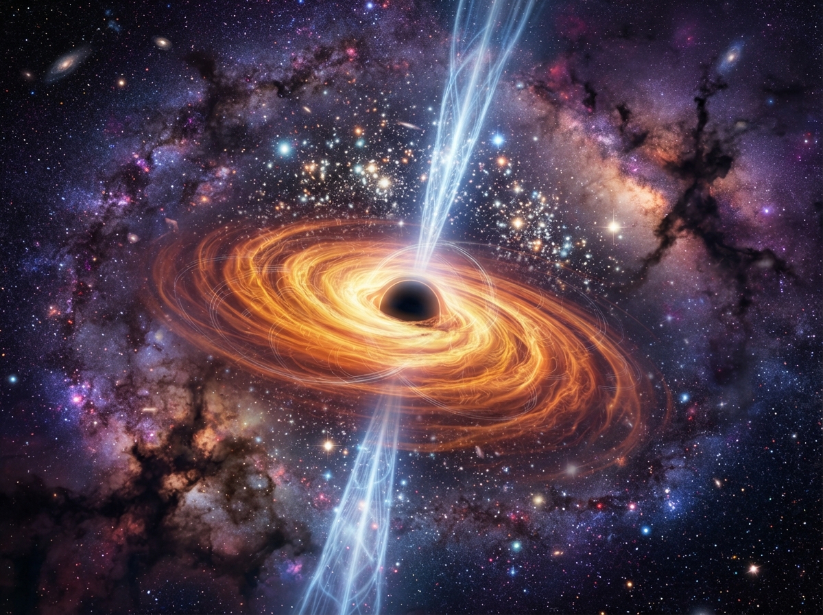 Illustration du trou noir supermassif Sagittarius A* avec son disque d'accrétion lumineux et ses jets relativistes