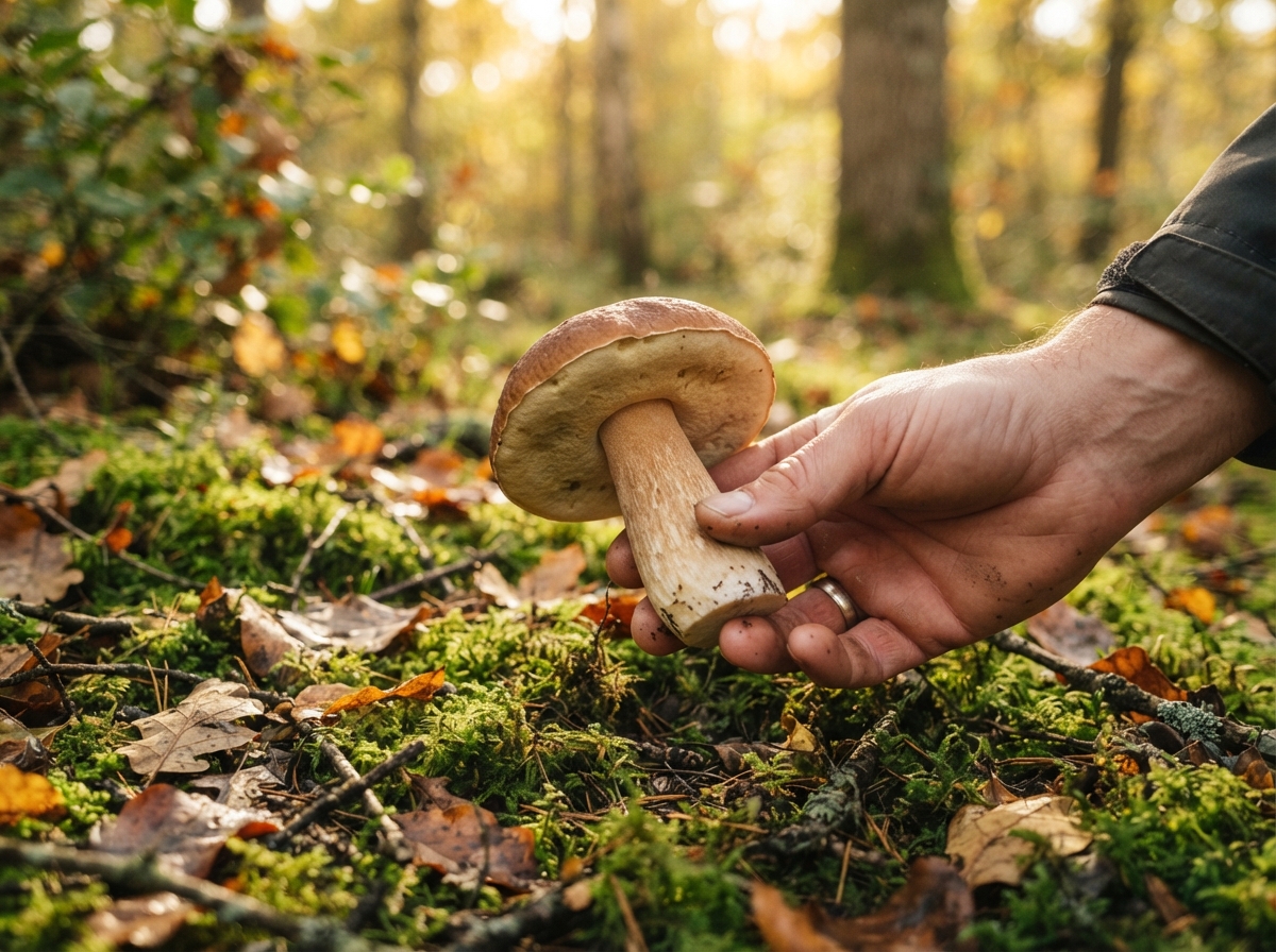 Main tenant un cèpe frais avec chapeau brun et tubes jaunes dans une forêt d'automne.