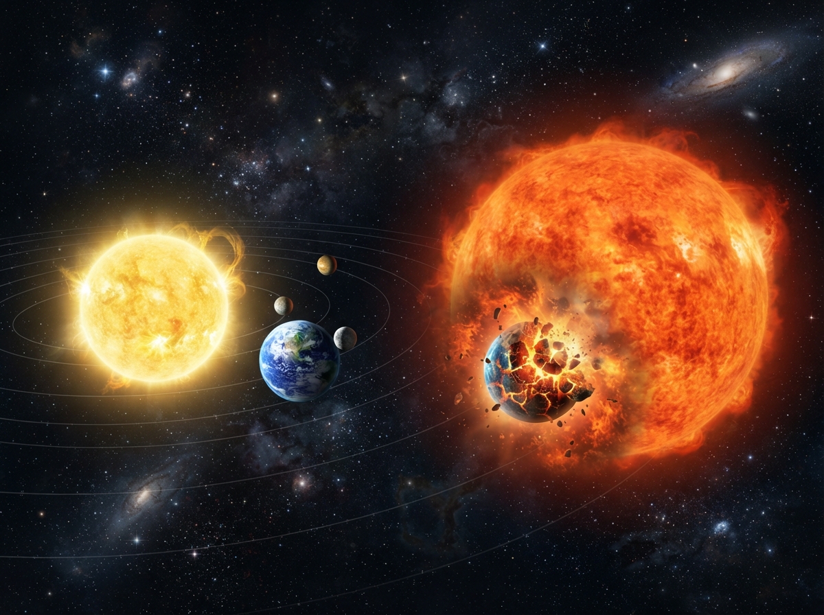 Comparaison visuelle du Soleil actuel jaune et du Soleil géante rouge massif engloutissant les planètes