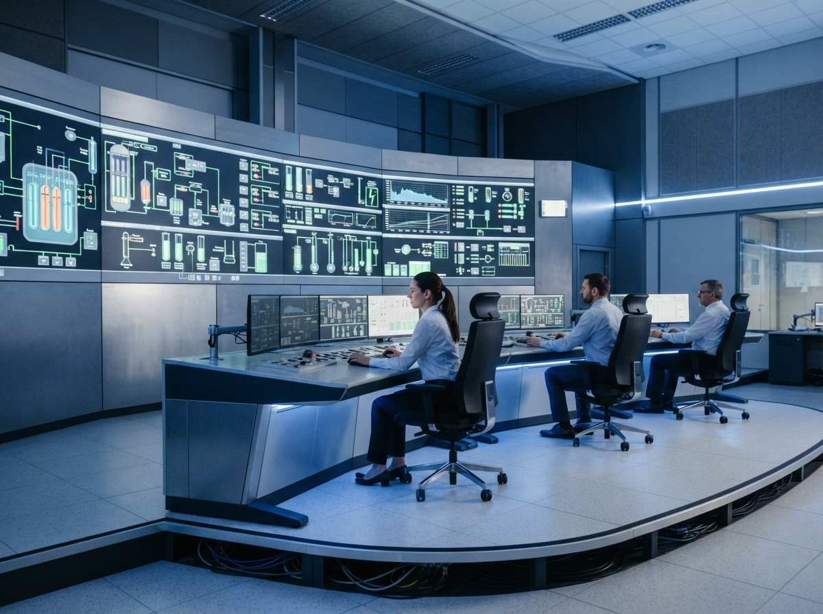 Salle de contrôle high-tech d'une centrale nucléaire avec écrans de surveillance