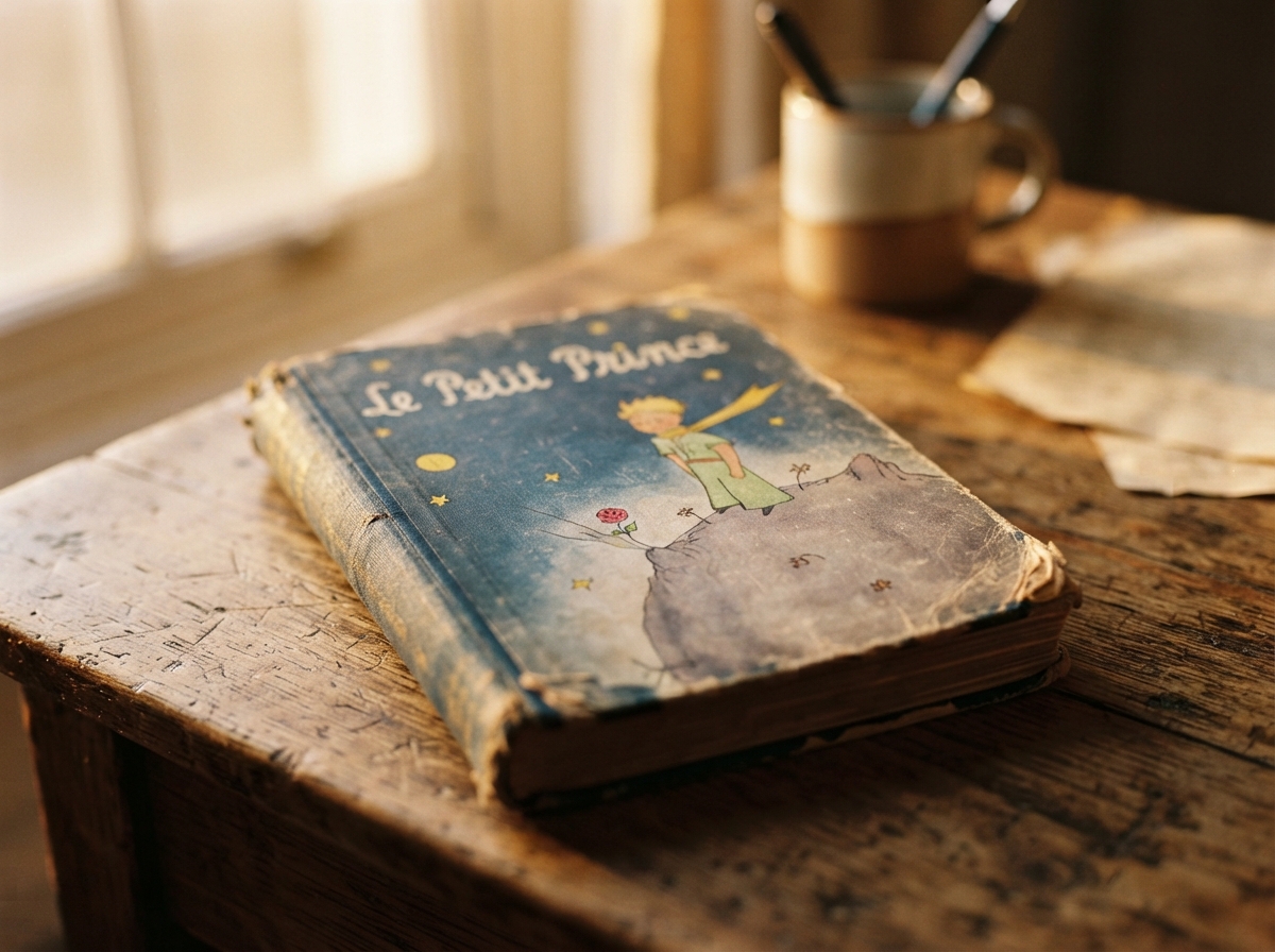 Exemplaire ancien du livre Le Petit Prince posé sur un bureau en bois avec une lumière naturelle douce.