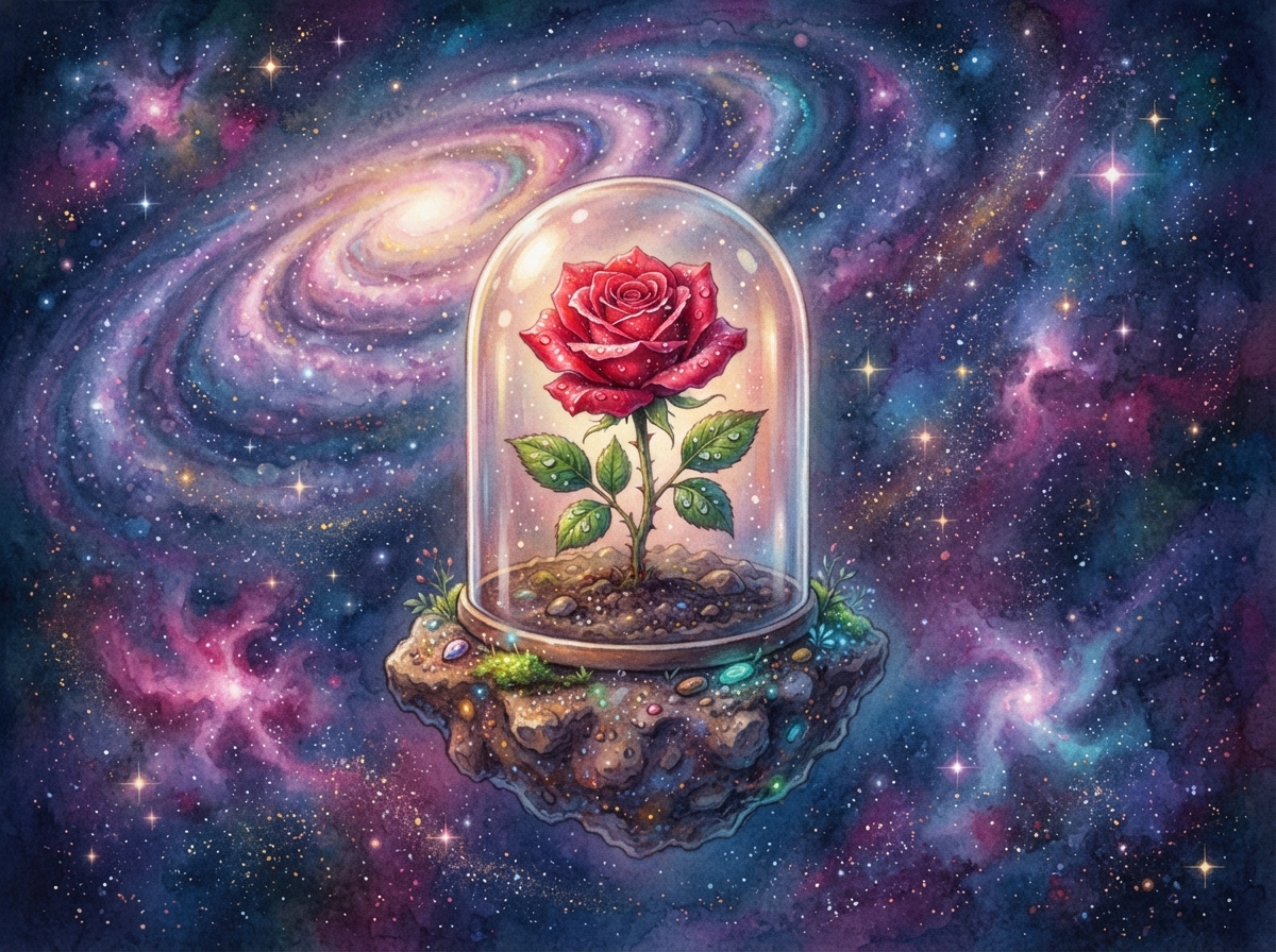 Rose rouge sous un globe de verre posée sur un petit astéroïde flottant dans l'espace étoilé.