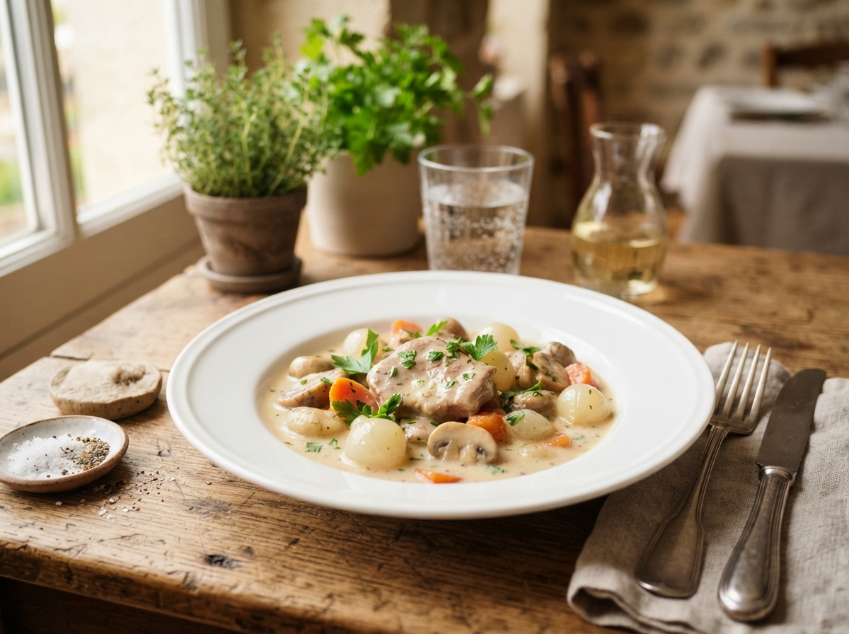 Assiette de blanquette de veau avec sa sauce blanche crémeuse, morceaux de viande, champignons et oignons grelots.
