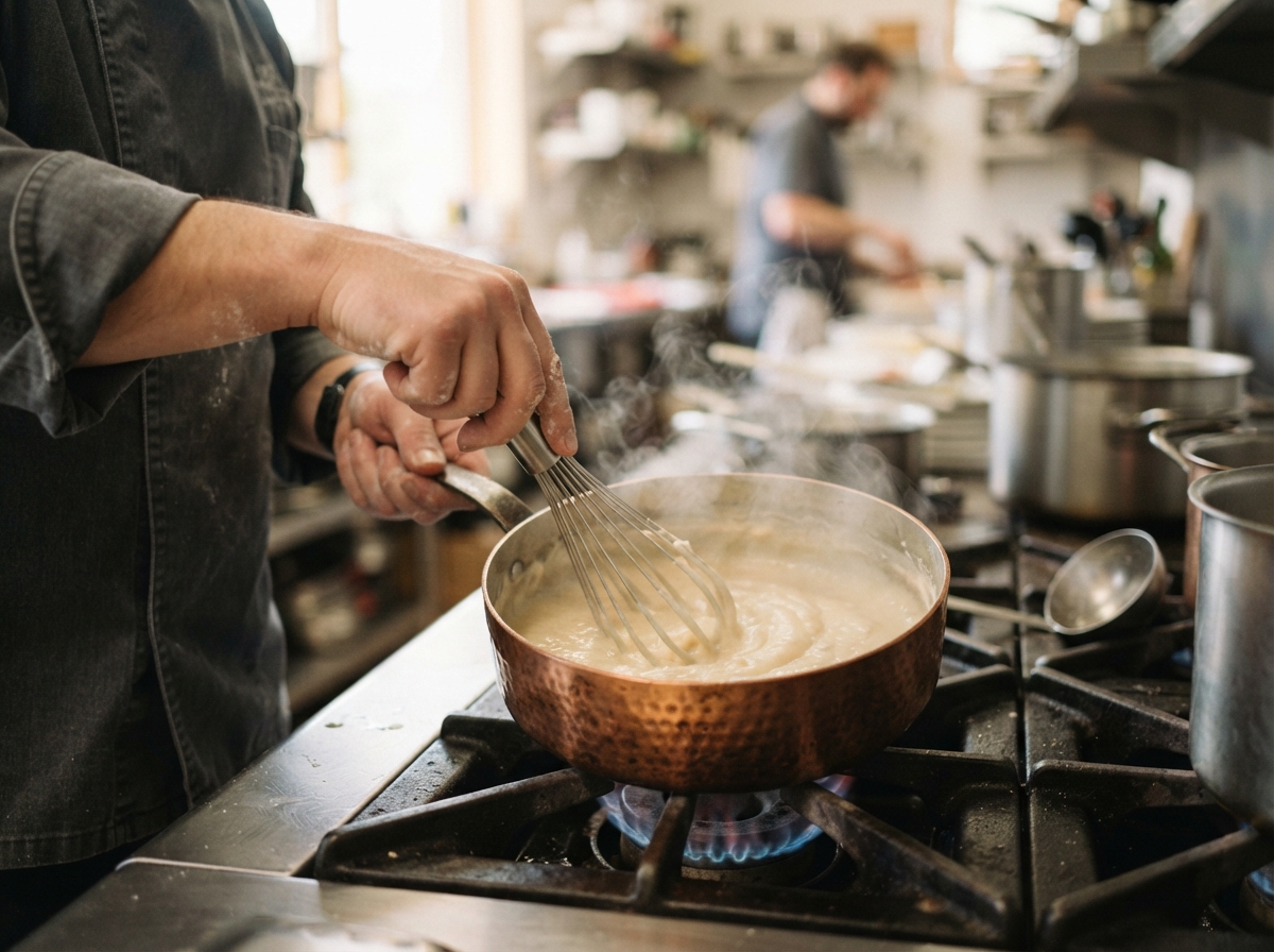 Mains de chef fouettant un roux blanc dans une casserole, mélange crémeux de beurre et farine à feu doux.