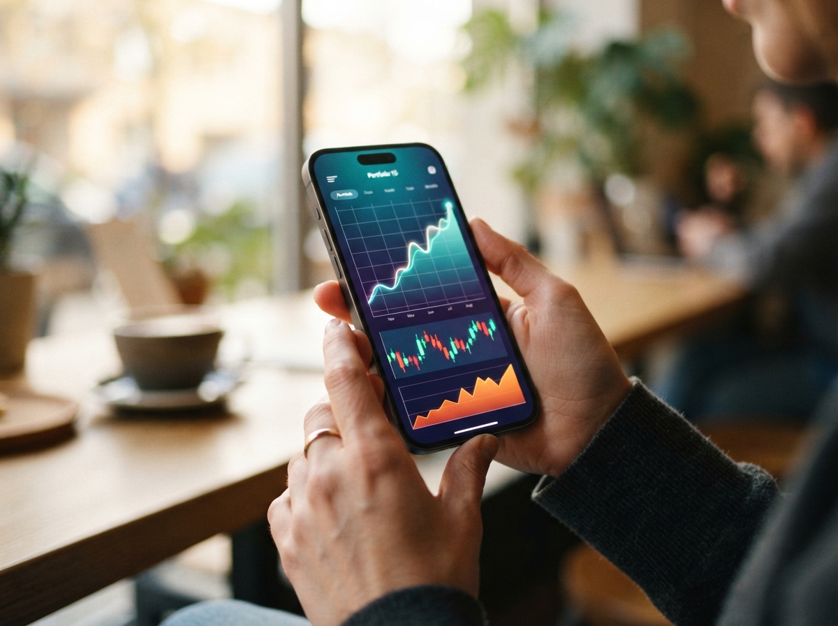 Main tenant un smartphone avec une application de trading boursier