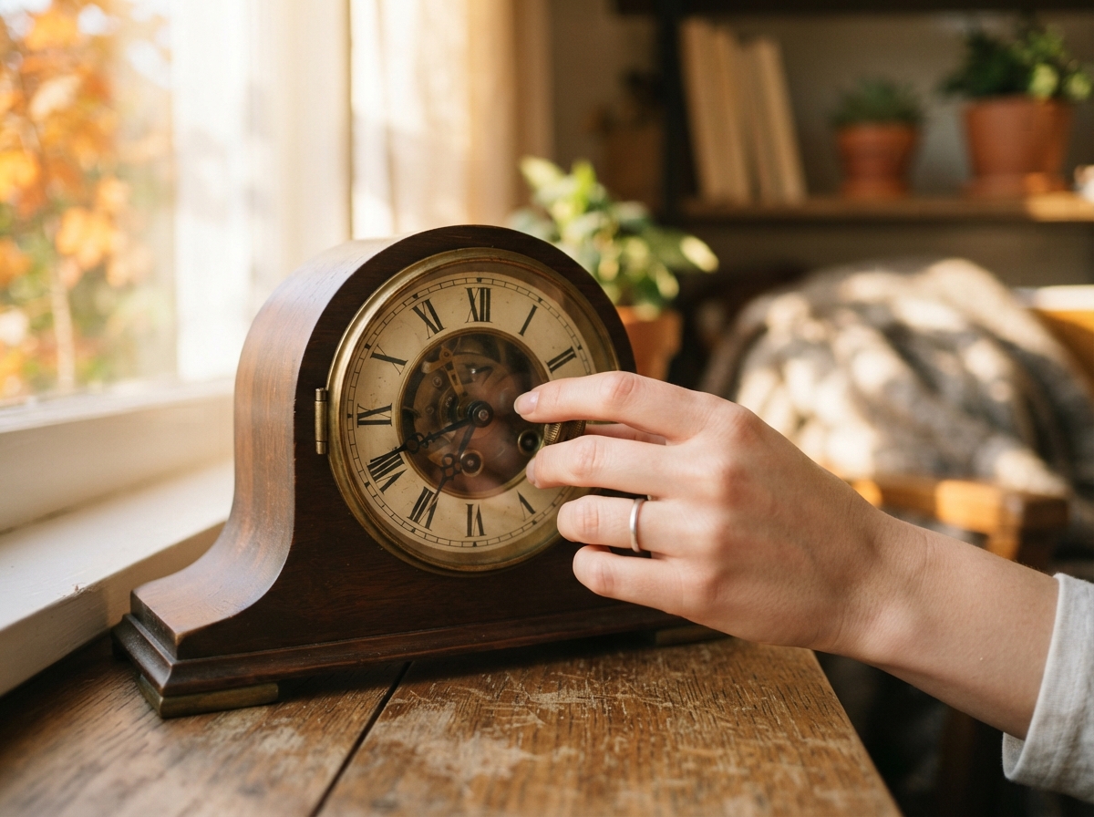 Photo d'une main qui recule les aiguilles d'une montre analogique, lumière d'automne dorée