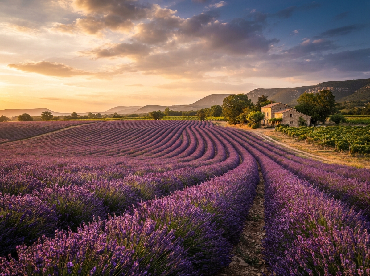 Champs de lavande en fleurs en Provence sous la lumière dorée du coucher de soleil.