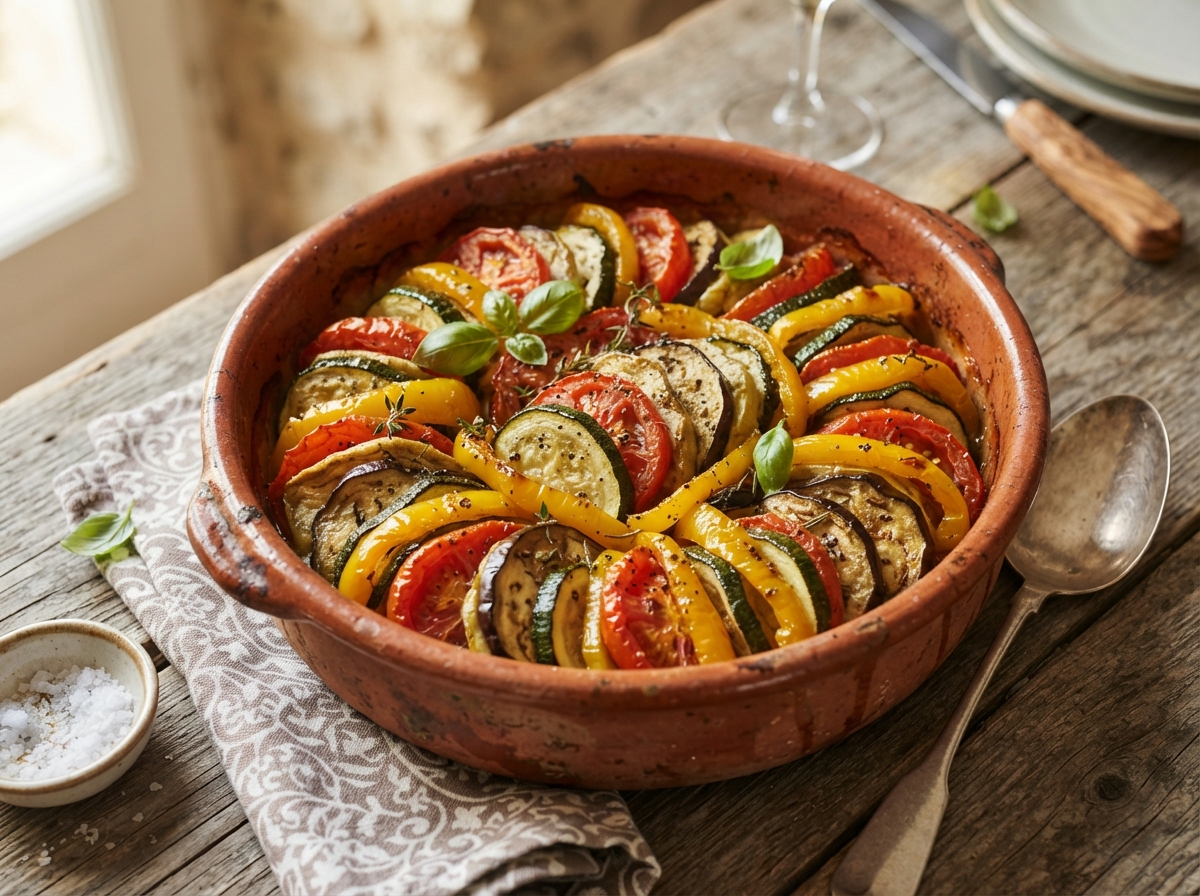 Vue rapprochée d'une ratatouille provençale authentique montrant les différents légumes distincts et colorés