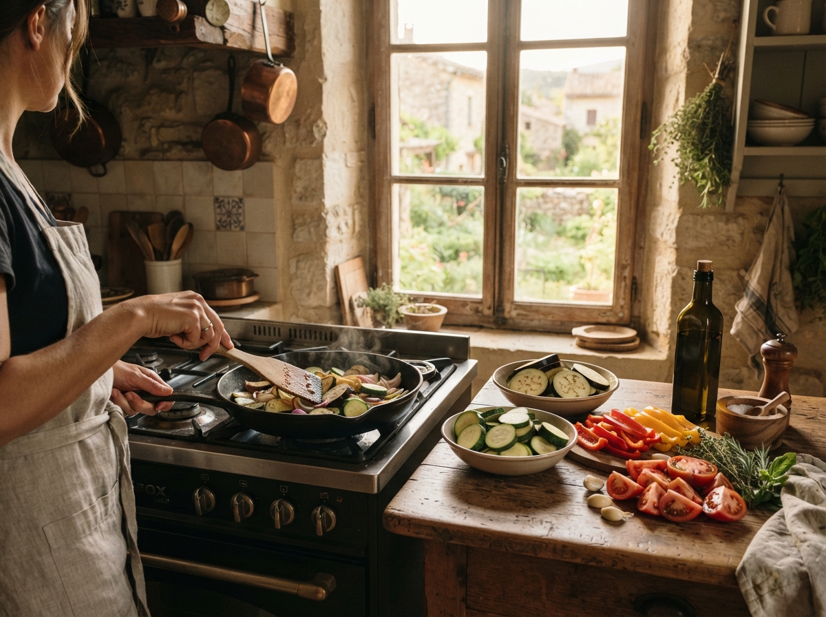 Scène de cuisine provençale avec des légumes séparés prêts à être cuits individuellement dans une poêle