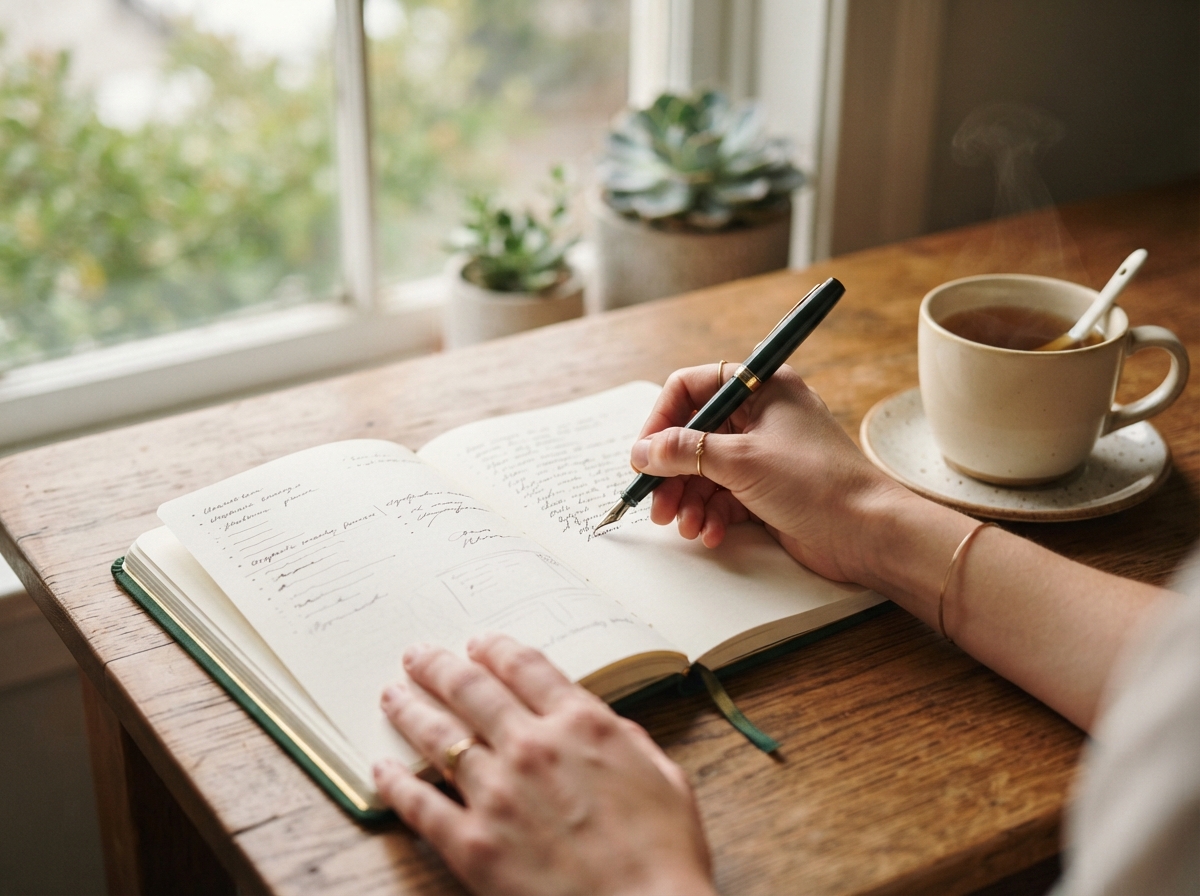 Mains écrivant dans un journal de gratitude sur un bureau en bois, avec une tasse de thé et lumière naturelle.