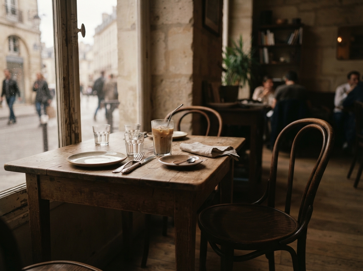 Table de café préparée pour deux personnes avec une chaise vide et une tasse de café refroidie