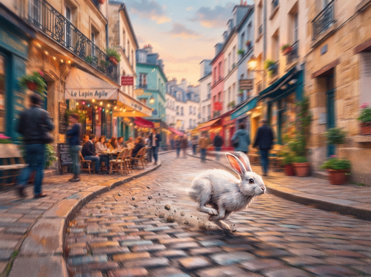 Illustration d'un lapin blanc s'enfuyant rapidement dans une rue française avec effet de mouvement