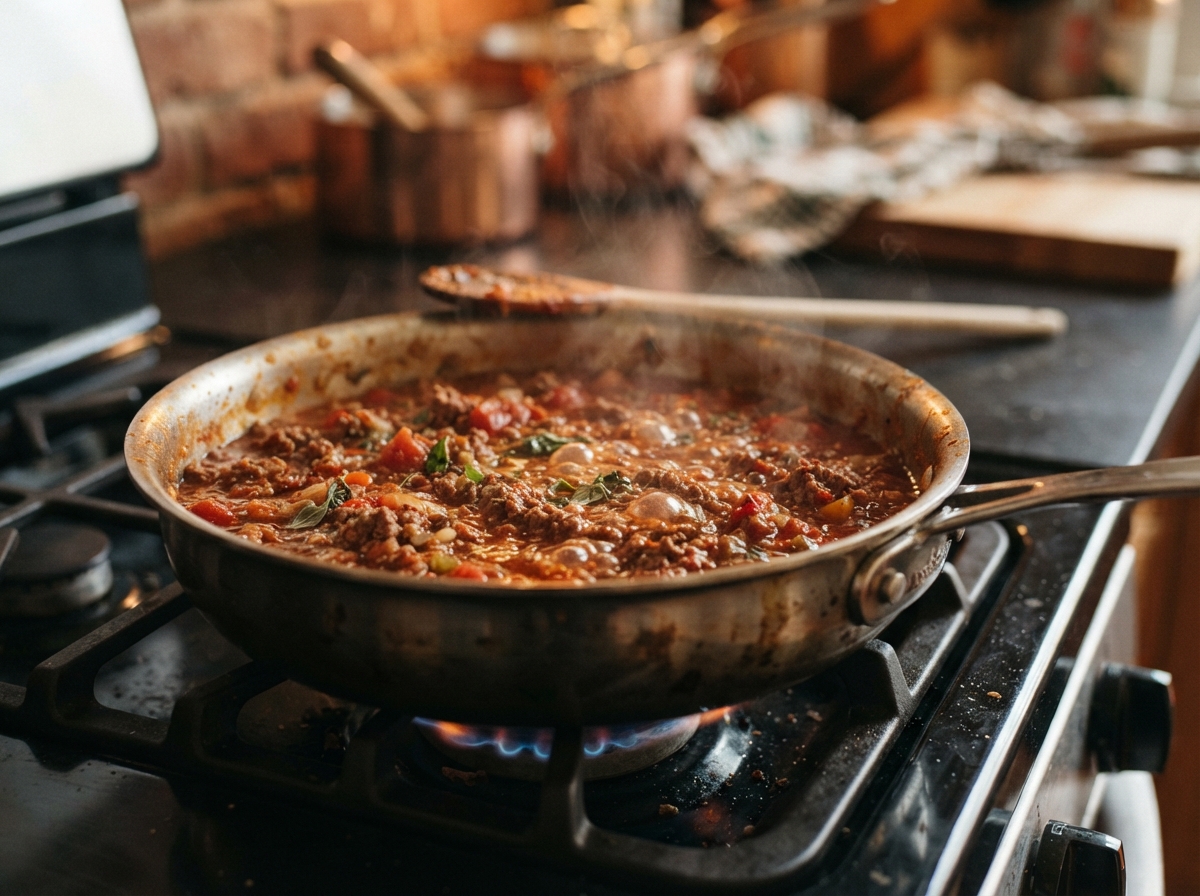 Casserole de sauce bolognaise mijotant sur le feu avec viande hachée et tomates