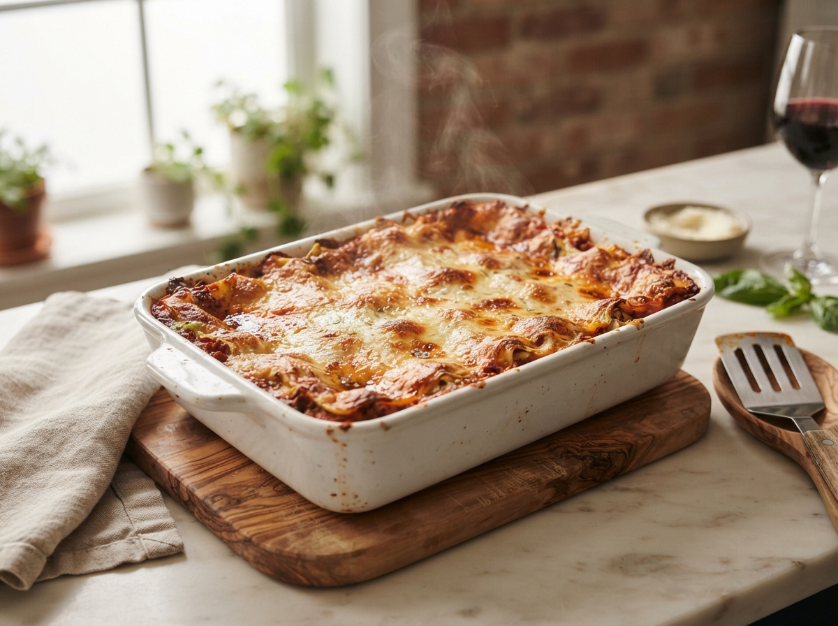 Plat de lasagnes dorées sortant du four, croûte de fromage gratinée, posé sur un plan de travail