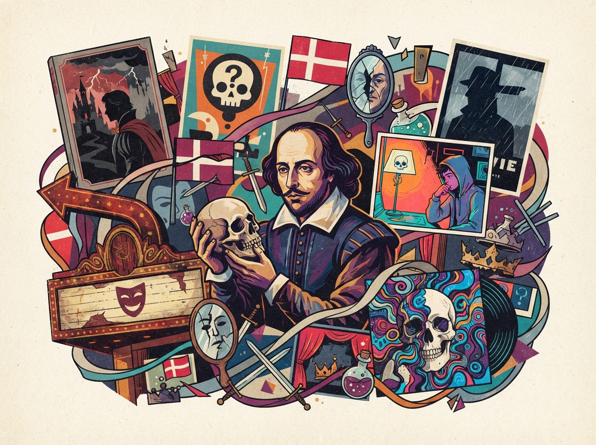 Collage artistique représentant l'influence culturelle de la citation d'Hamlet à travers différents médias