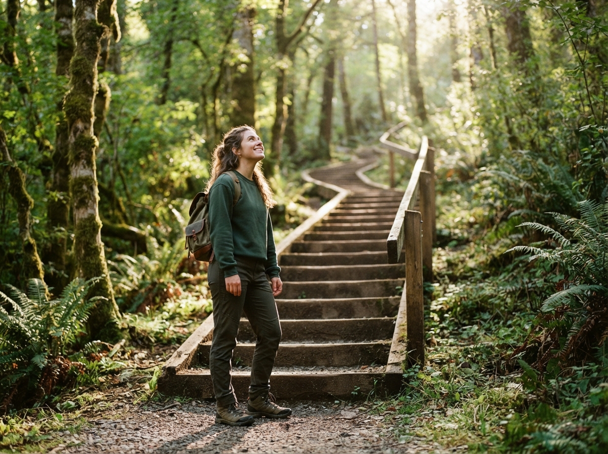Une femme au pied d'un escalier en bois regardant vers le haut avec détermination, lumière matinale douce.