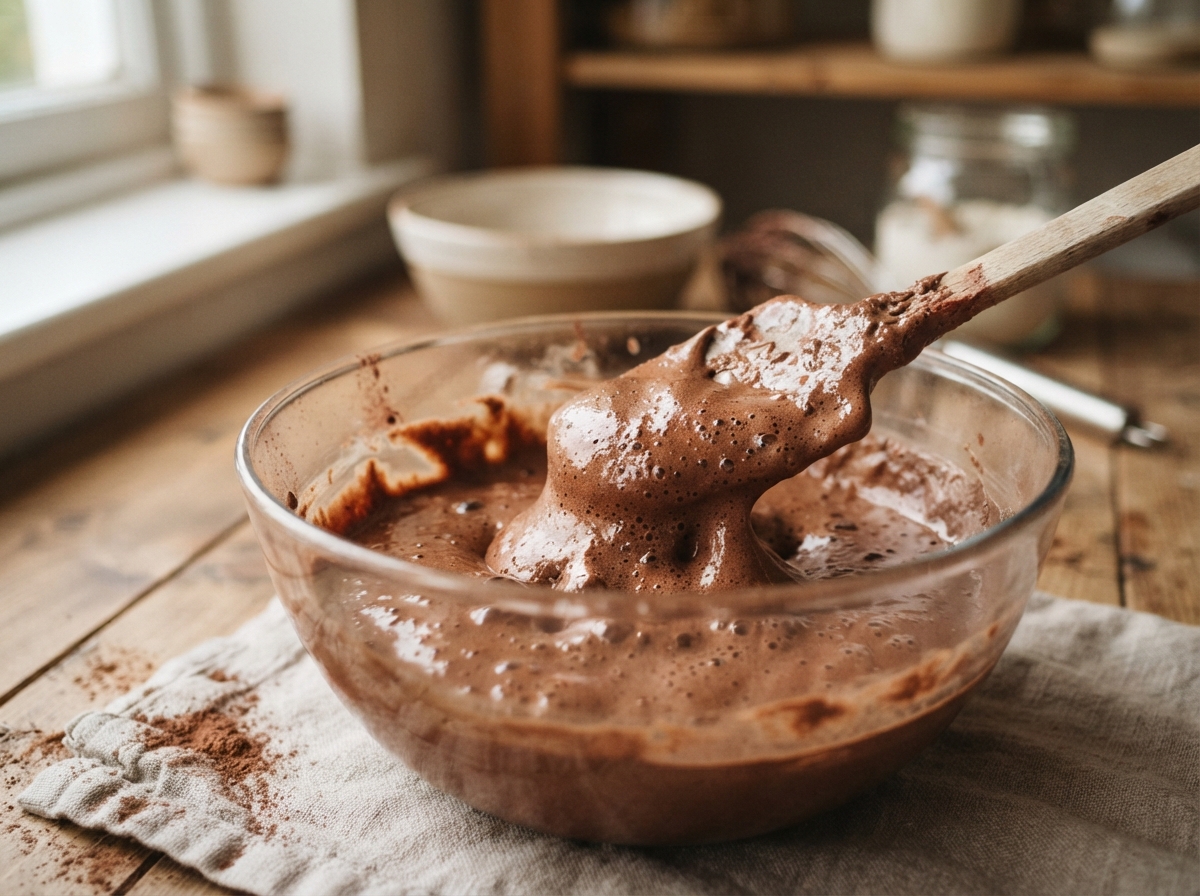 Gros plan sur une mousse au chocolat en cours de préparation dans un bol, montrant sa texture légère et aérée.