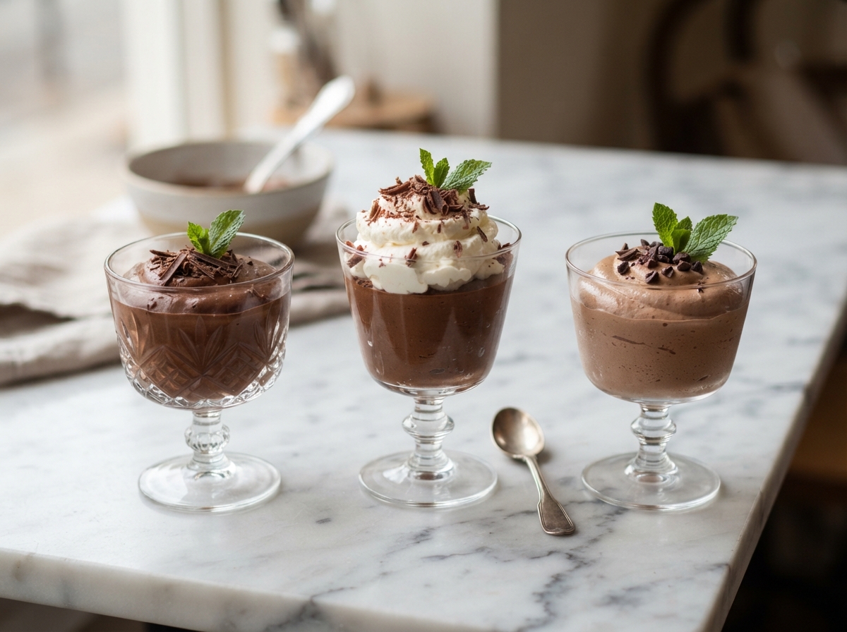 Trois verrines de mousse au chocolat présentant différentes recettes et textures, photographiées de façon professionnelle.