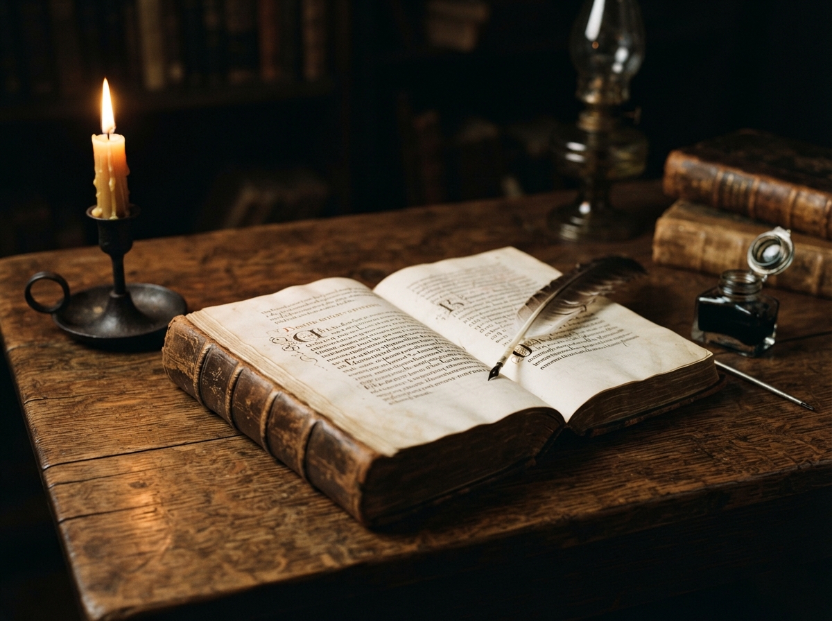 Bureau ancien avec livre ouvert et plume, évoquant l'époque de Descartes