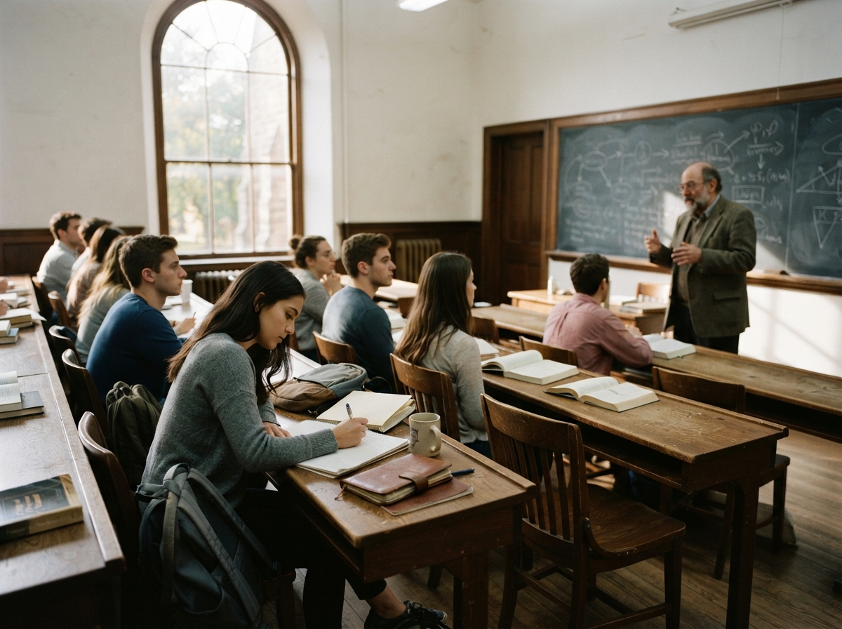 Salle de classe de philosophie moderne avec pupitres et tableau