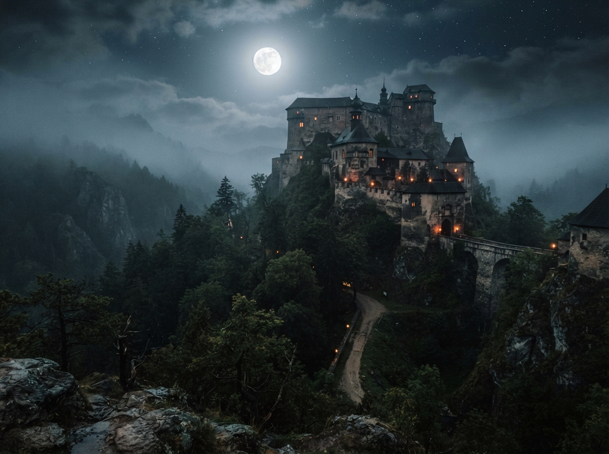 Château gothique européen sous la lune, forêts sombres, atmosphère mystérieuse et médiévale.